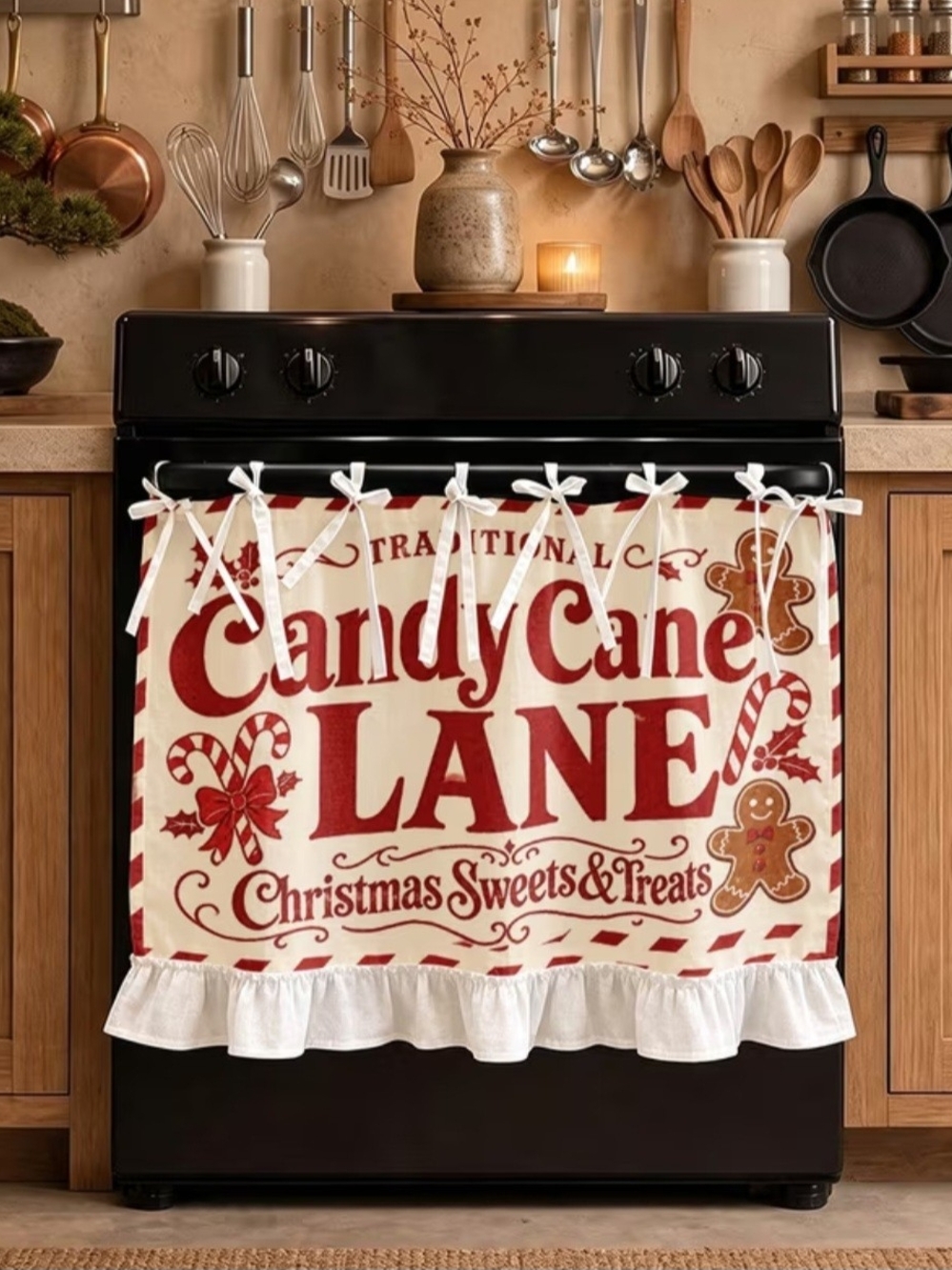 Candy Cane Lane Christmas Stove Cover - Red and Cream